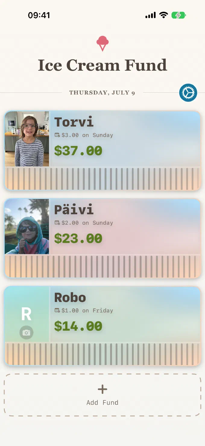 Ice Cream Fund home screen showing three kids' funds with balances